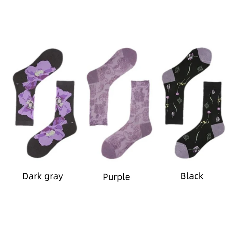 3 Pairs Spring Autumn Purple Relief Middle Tube Women\'s Socks Trendy Academy Style Socks Paired with Shark Pants Socks Female