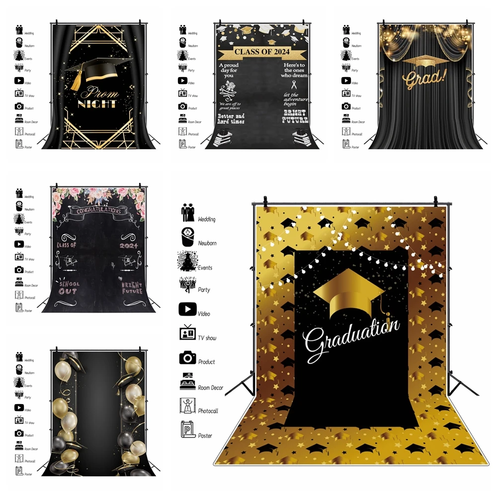 Class of 2024 Graduation Backdrop Black Gold Glitter Graduation Cap Photography Background Congrats Grad Party Banner Decor