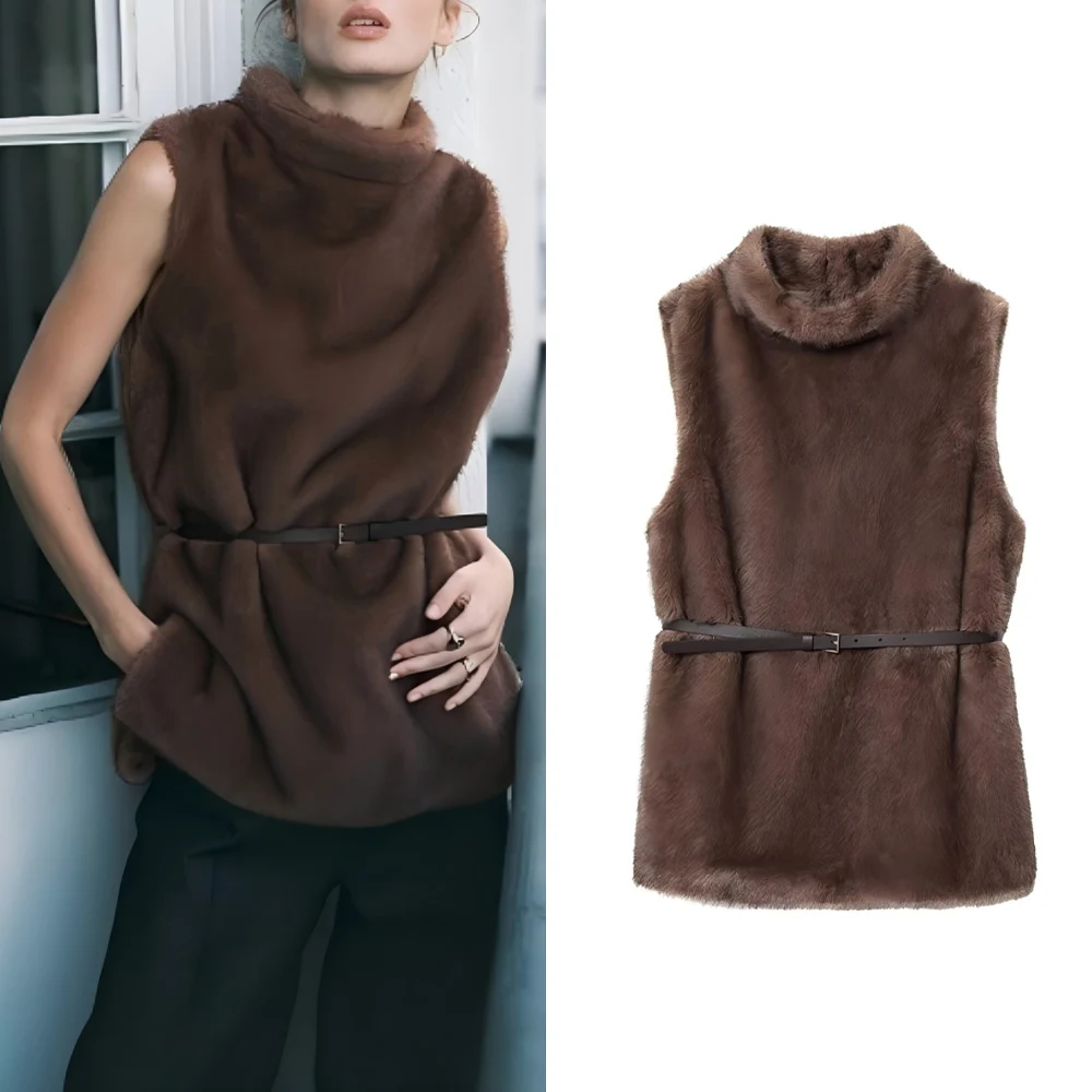 

Women's New Fashion With Belt Casual Artificial Fur Effect Warm High Neck Top Retro Sleeveless Women's Pullover chic Top