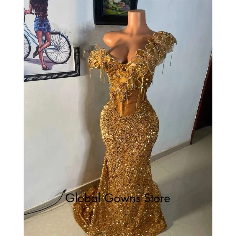 Black Prom Dresses 2026Luxury Bead Rhinestones 3D Flowers Off Shoulder African Wedding Party Birthday Evening Gown Customized