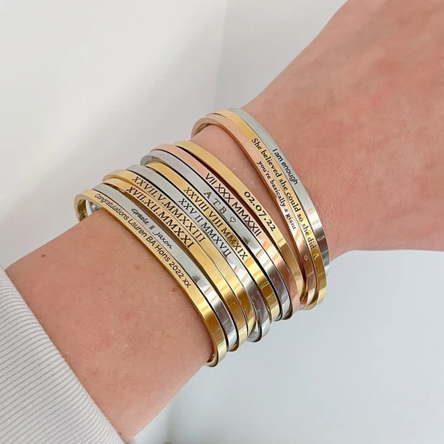 18k Custom Engraved Bracelet Numeral Name Message Bangle Titanium Steel Gold Silver Adjustable Women s Cuff Mother s Day Gift