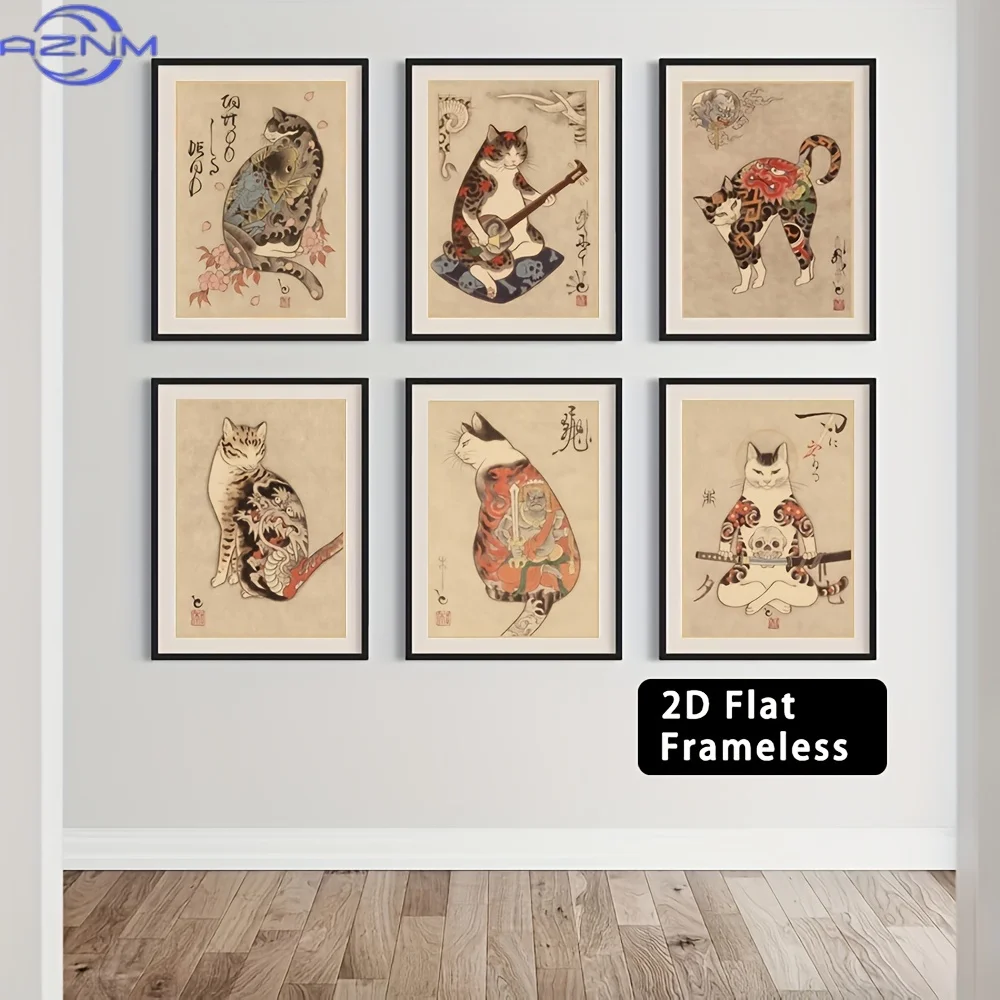 6pcs Frameless Canvas Printed Poster, Home Decoration Wall Art, Japanese Samurai Cat Wall Decoration Poster, Japanese Bushido St view 2