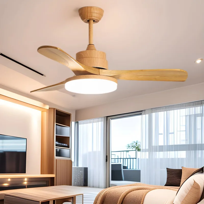 

New minimalist solid wood fan leaf restaurant ceiling fan light living room bedroom integrated with wooden fan pendant light