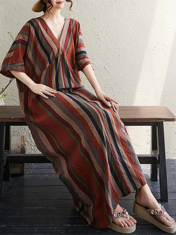 กระโปรงยาวทรงหลวมพิมพ์ลายผ้าฝ้ายลินินสำหรับผู้หญิงไซส์ใหญ่ ทรงวี คอวี แขนสั้น สไตล์เรโทร เหมาะสำหรับใส่ไปทำงานในฤดูร้อน