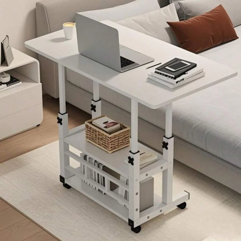 Multifunctional Desk On Wheels - Height-Adjustable Rolling Desk With Storage Shelves, Compact Fiberboard Desktop