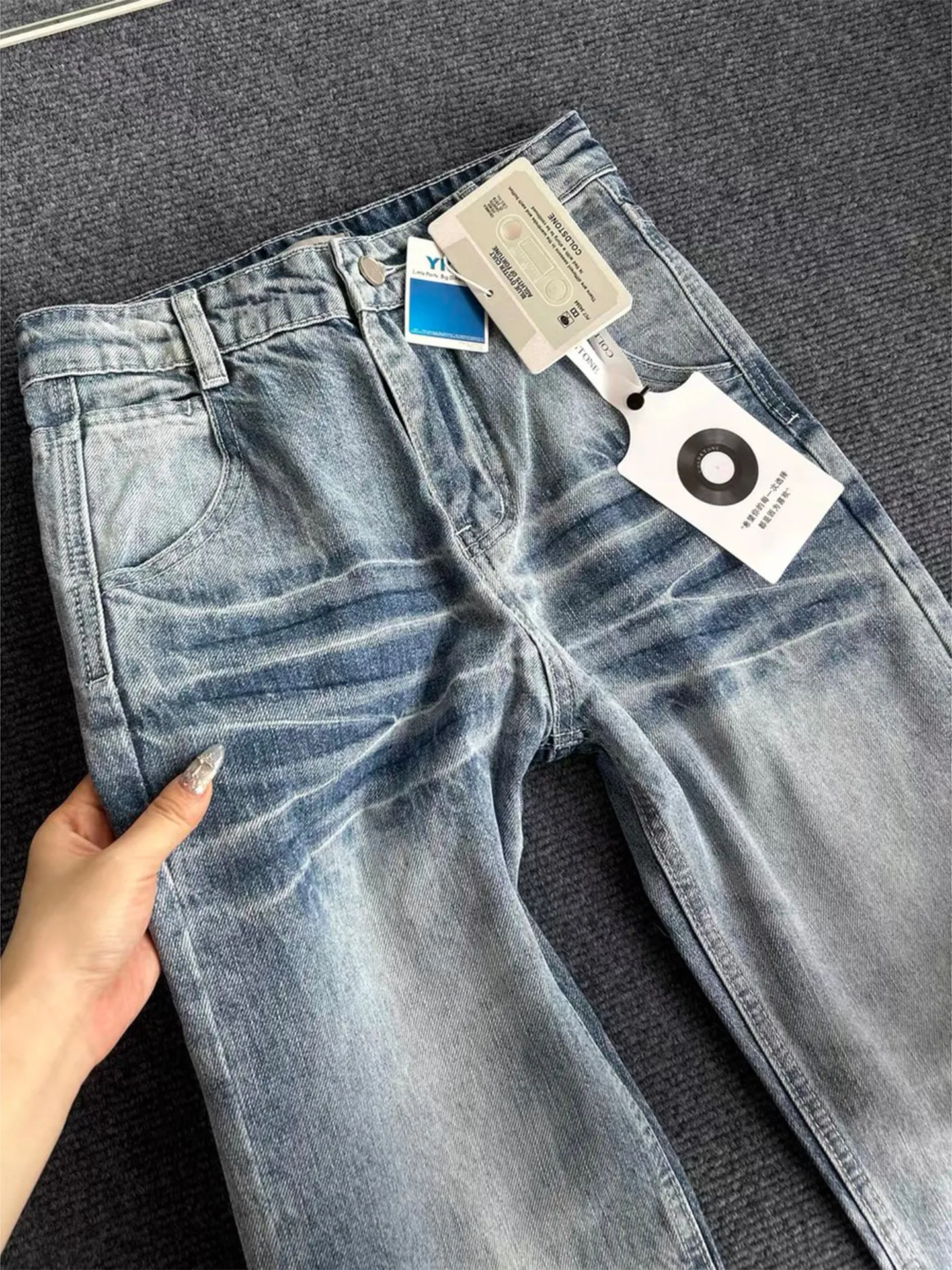 Light Blue Washed  Denim Jeans Men's American Retro Style Straight Leg Micro Flared Pants Casual Wear Summer Season