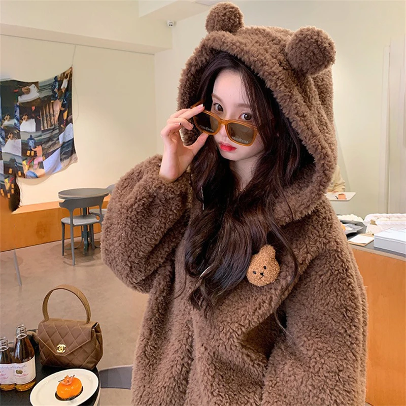 Korean Version Autumn Winter New Bear Ear Hoodie Imitation Lamb Wool Hoodie Women\'s Loose And Slim Cute Plush Coat Jacket