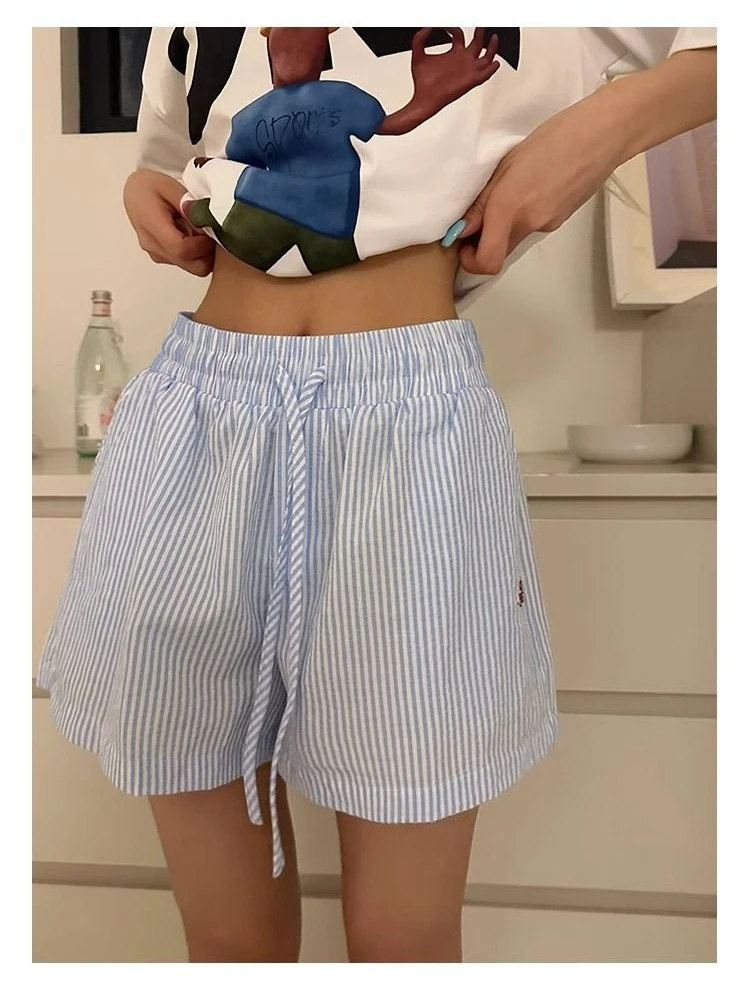 HOUZHOU Y2k Striped Shorts for Women Harajuku Blue Baggy Elastic Waist Short Pants Korean Style Casual Fashion Retro Shorts