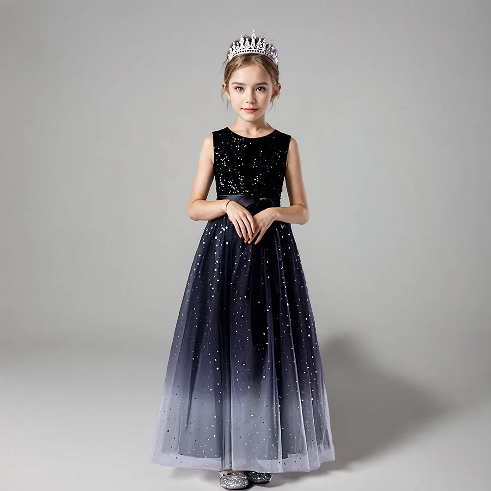 Fashion Black Starry Sky Girl Princess Dress Elegant Piano Performance Costume Girls Party Dresses Gradient Color Wedding Dress