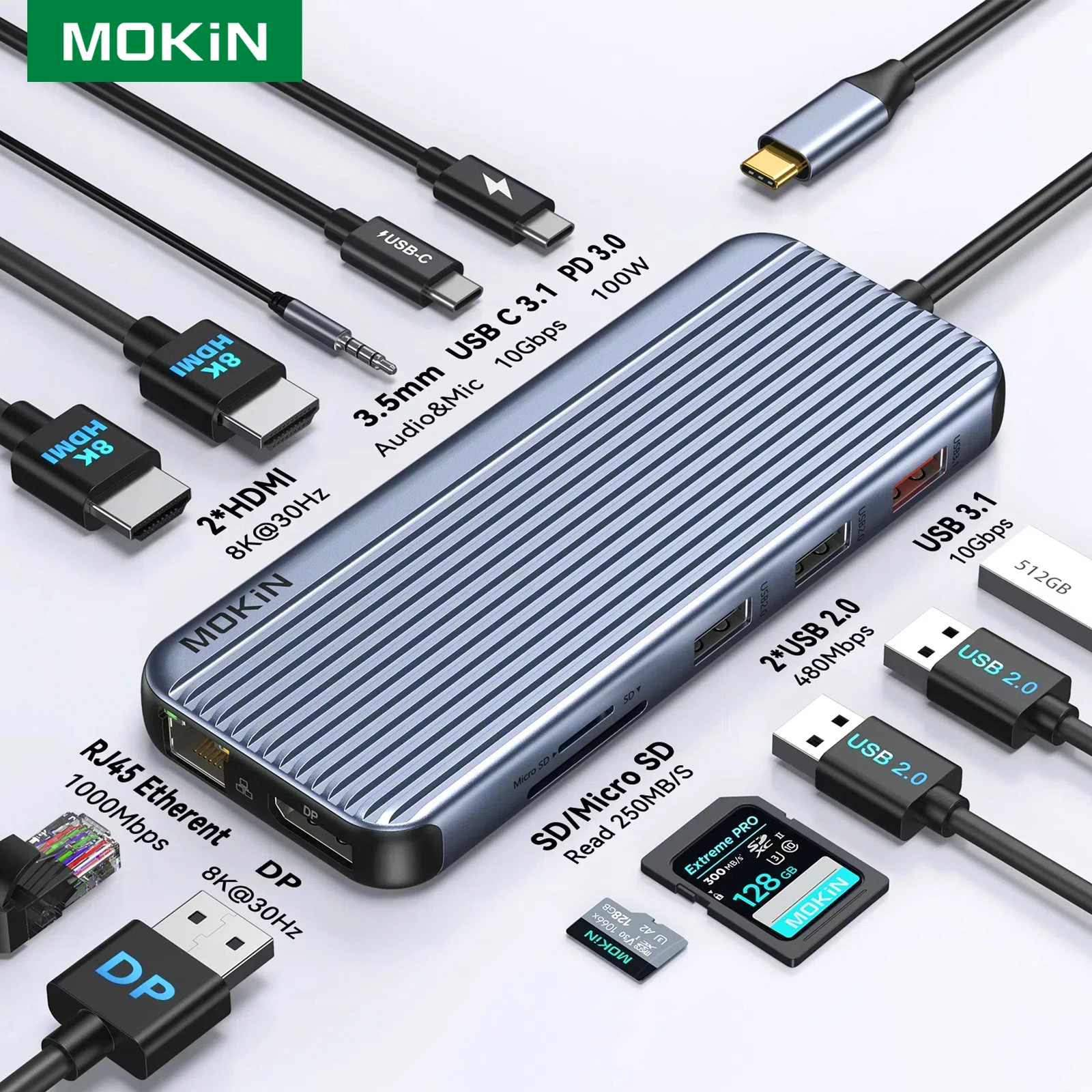 Mokan 12 em 1 usb c hub 3.1 adaptador 10gbps 4k/8k hdmi/vga/dp 100w pd docking station para macbook pro/air lenovo hp dell laptops
