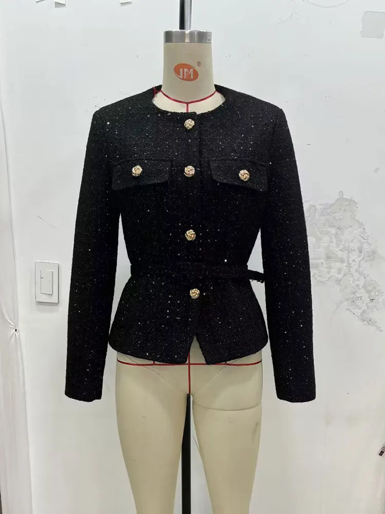 여성용 HH 2025 가을 재킷, 패션 메탈 버튼 스팽글 코트, 긴 소매 O넥 재킷, 벨트 포함, 여성 빈티지 스트리트웨어