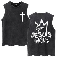 Washed Vintage Christian Faith Jesus Is King Tank Tops Men Women Fashion Vintage Sleeveless T Shirts Casual Loose Cotton T Shirt