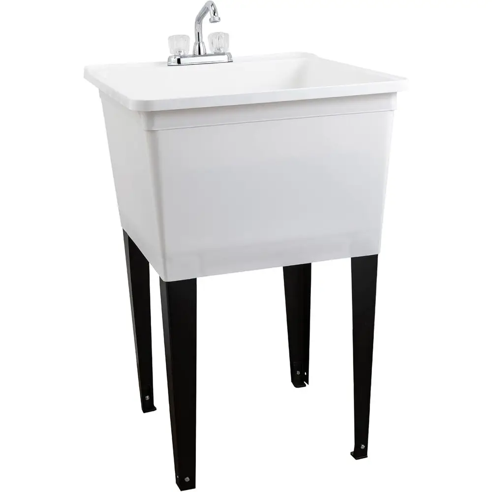 21-Gallon White Freestanding Utility Sink with Chrome Finish and 2-Handle Faucet, Heavy-Duty Plastic Laundry Tub with Adjustable