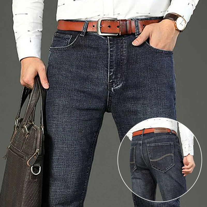 

Men Classic Minimalist Formal Jeans Male Straight Leg Dark Gray Black Denim Pants Elasticity Versatile Trousers
