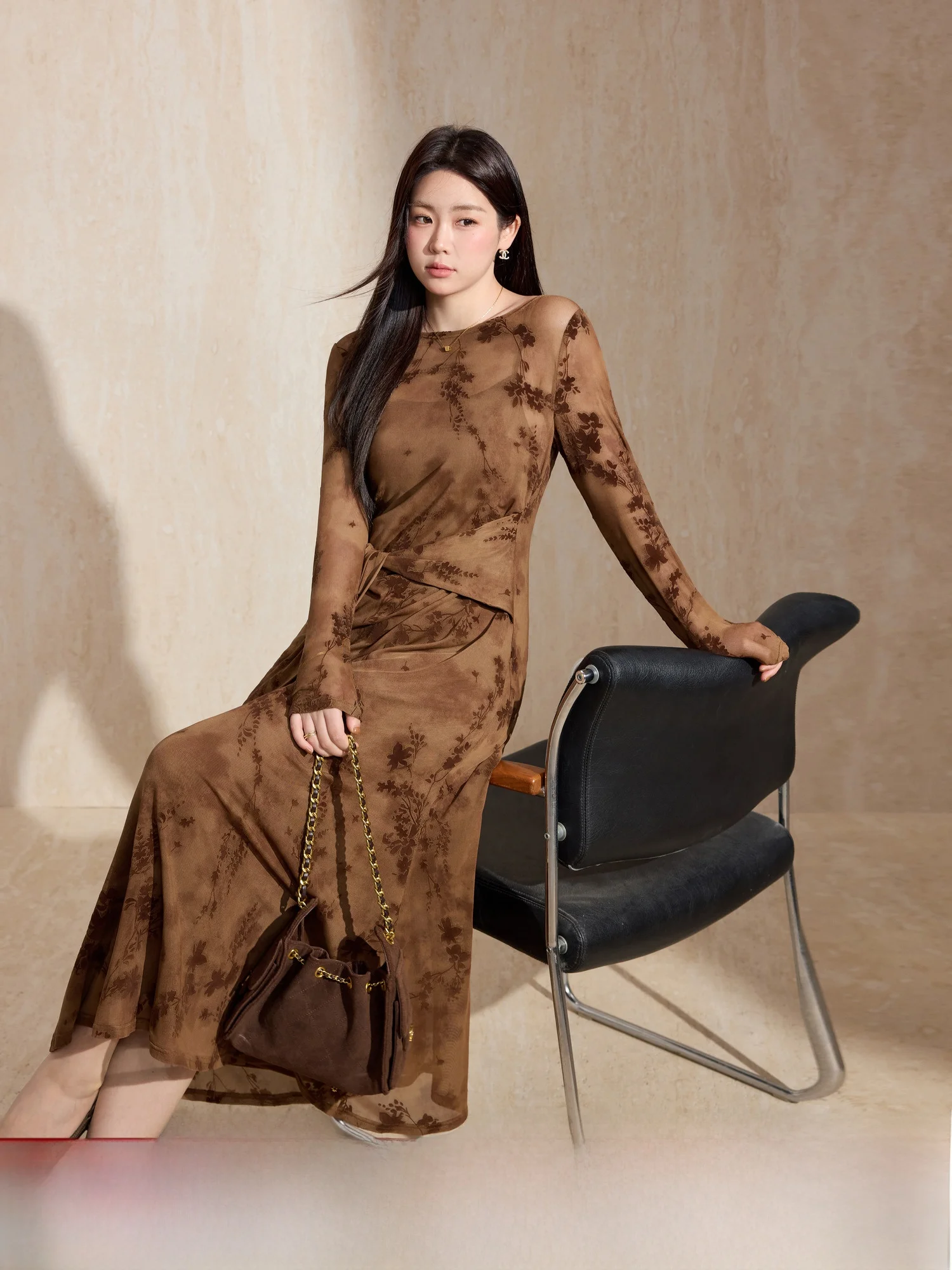 

Синий язык, большой размер, эластичное сетчатое кружевное платье с цветочным принтом, комплект Ter Dr, женское модное длинное платье с застежкой на талии, для поездок на работу