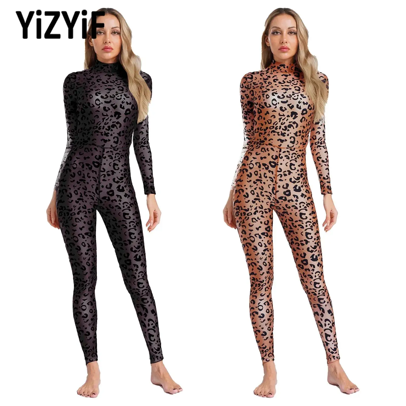 

One-piece Swimsuit Swimwear for Womens Club Music Festival Party Costume Long Sleeve Leopard Print See-Through Mesh Jumpsuit
