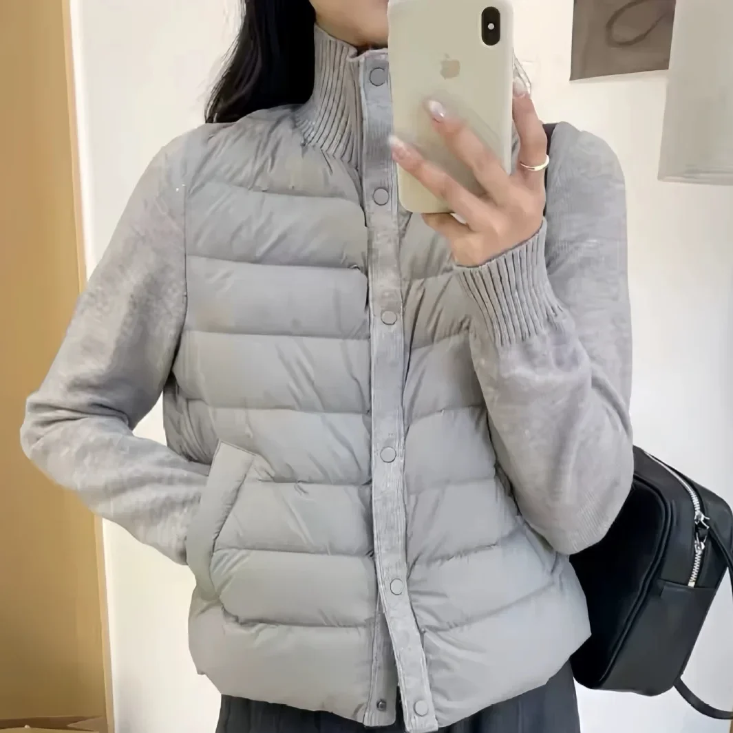 Knitted Stand-up Collar Spliced Padded Jacket Women's Short 2026 Light and Thin Bottomed Padded Jacket