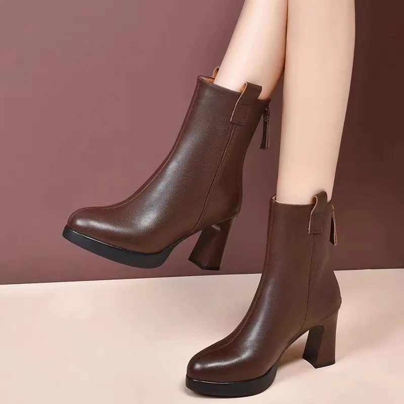 

Ankle Boots for Women Casual Zipper Pointed Toe Soft Leather Women Shoes Round High Heel Black Motorcycle Boots Women Shoes