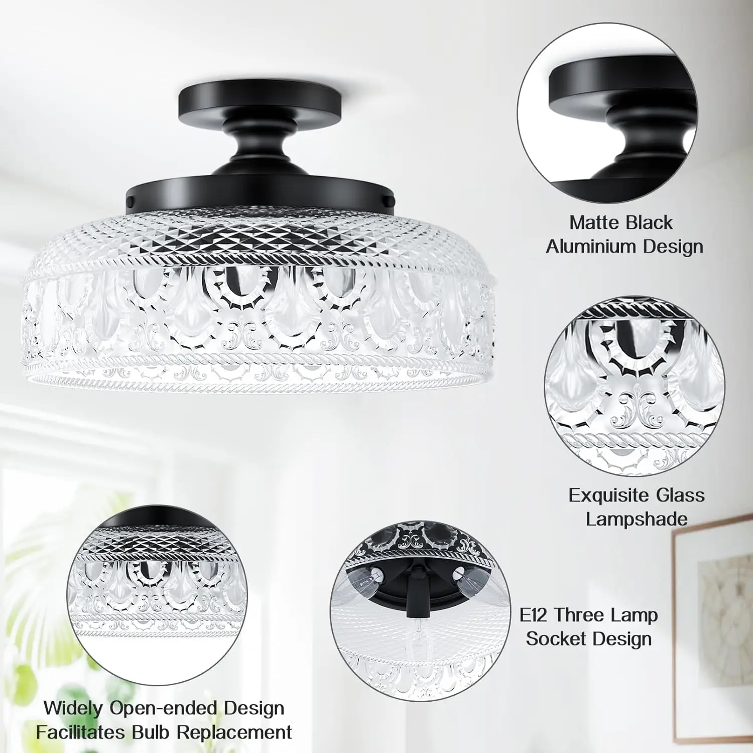 Lamomo-Plafonnier semi-encastré, plus grand luminaire de couloir noir amélioré, verre globe à 3 ampoules près du plafond