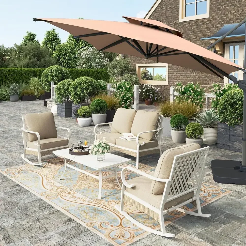

4-Piece Outdoor Patio Furniture Set: Metal and Rattan Design, 2 Rocking Chairs, Loveseat, Marble Coffee Table, All-Weather Beige