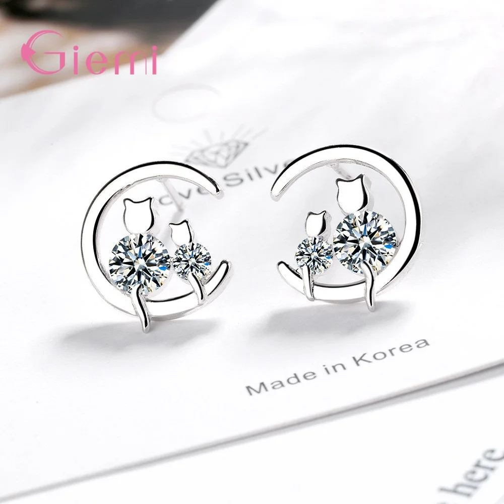 

New Cute 925 Sterling Silver Cat Design Crystal Zircon Stud Earrings For Women Girls Party Trendy Jewelry Gifts Accessory