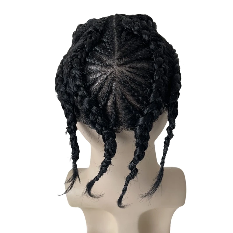 أنظمة الشعر البشري الهندي العذراء 1 #   Jet Black Color 10A Grade Cornrow Braids BIO Toupee 8x10 وحدة الدانتيل الأمامي للرجال السود