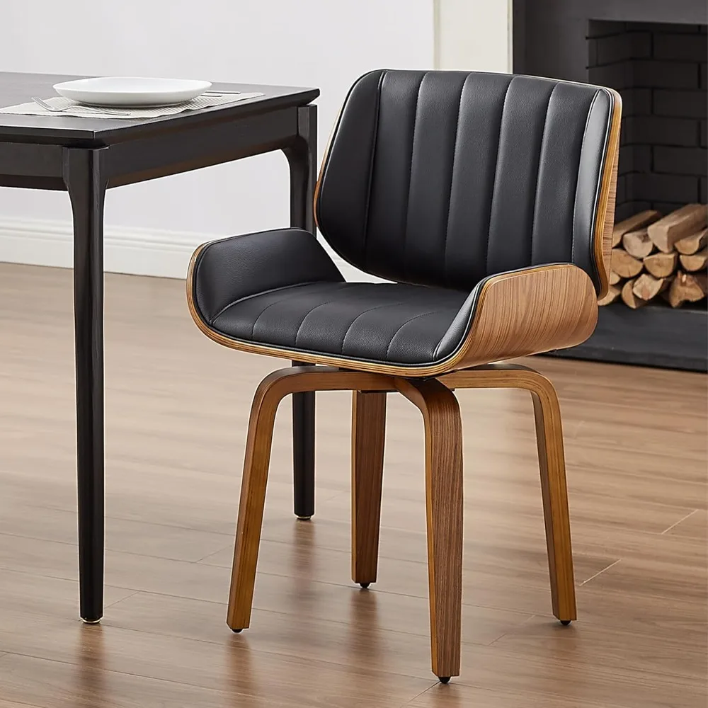 

desk chair no wheels, mid century modern swivel accent chair with solid wood legs, faux leather upholstered office chair, walnu