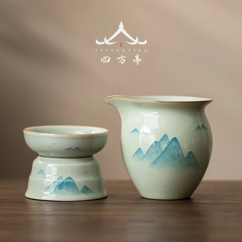 Hand-Painted Underglaze Ceramic Public Cup Tea Strainer Three-Piece Set New 2026 Integrated Design Tea Pouring Set