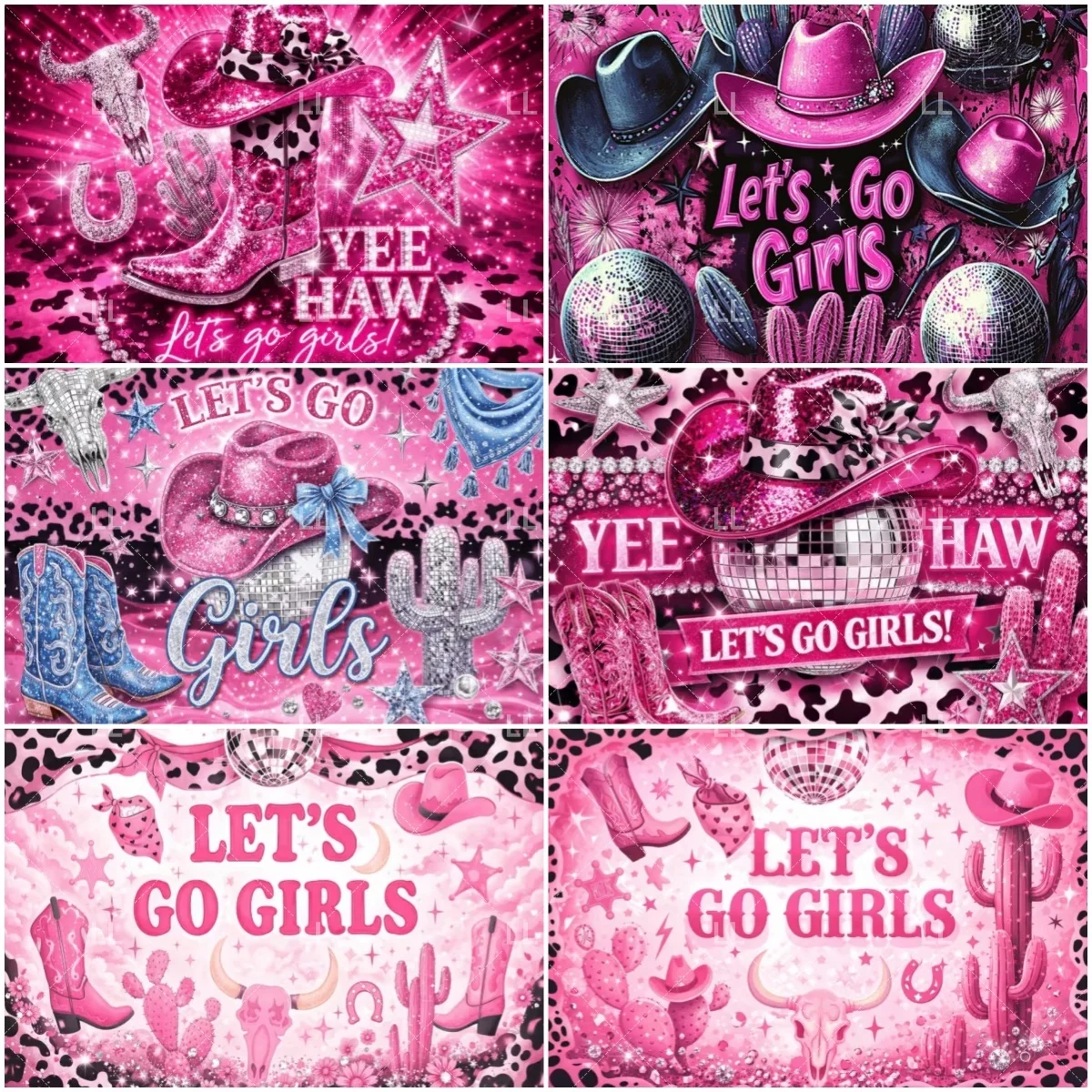 

Let's Go Girls Pink Cowgirl Shine Backdrop Party Decoration Disco Western Boot Cactus Photography Background Celebration Prop
