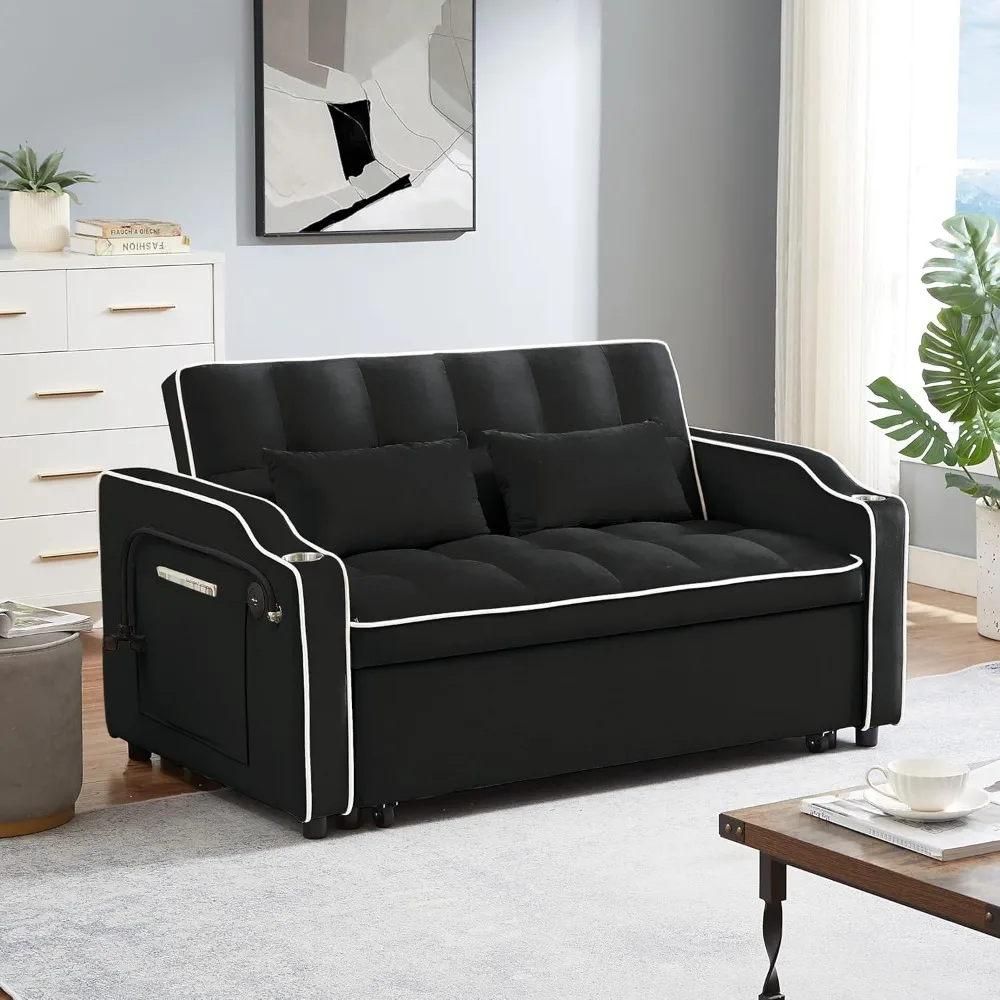 Modern Velvet Sleeper Sofa with Pull Out Bed and Adjustable Backrest, Loveseat with Cup Holders for Comfortable Living