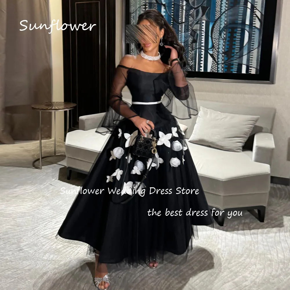 Sunflower Simple Black Boat Neck Appliques A-LINE 2024 Slim SatinOcassion Gown Ankle-Length Formal Evening Dress Party Dress