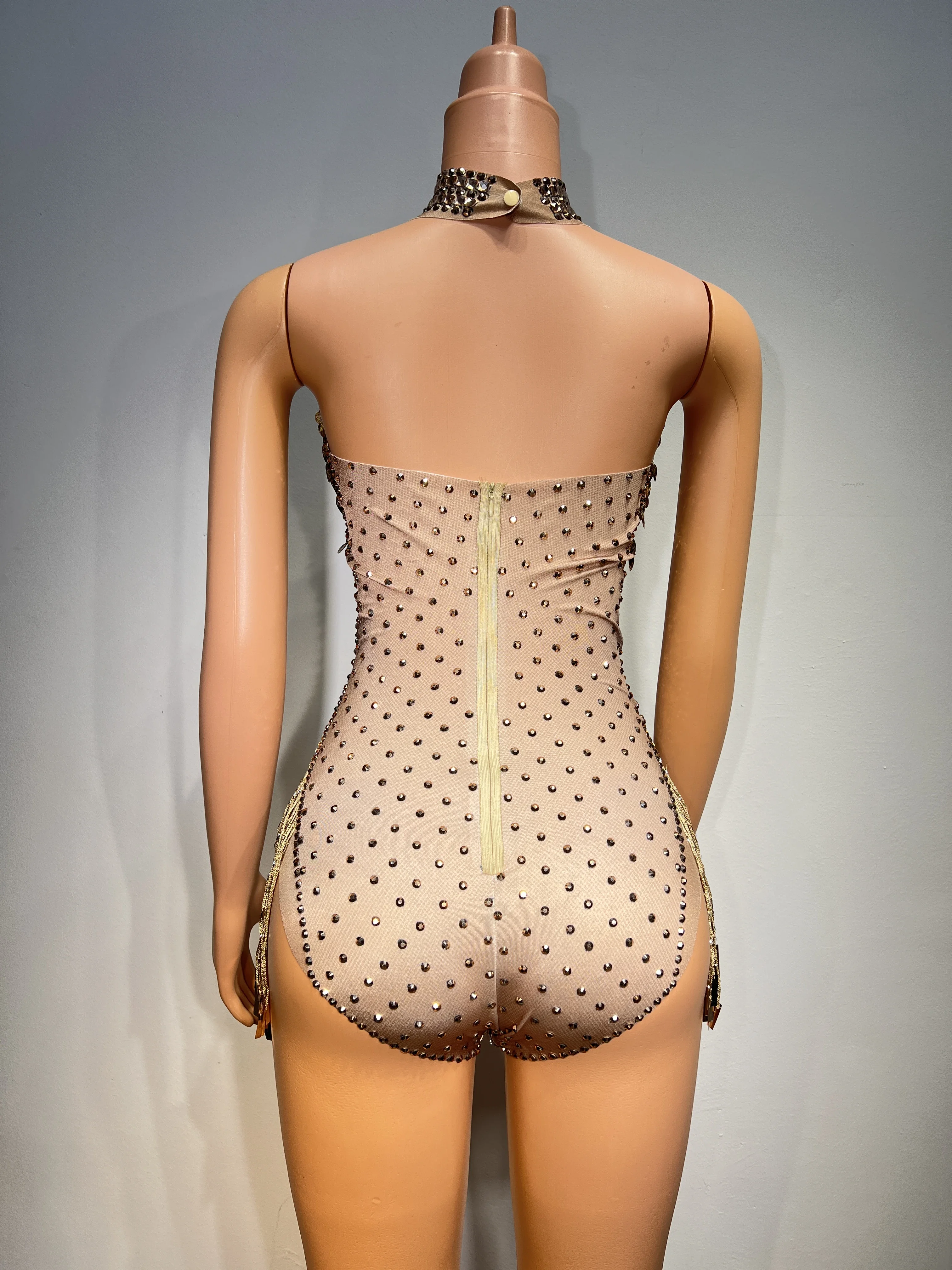 ทอง Leotard Rhinestones Sequins Fringes บอดี้สูทวันเกิดฉลองชุดราตรีเซ็กซี่เต้นรํา Leotard jinbaobei