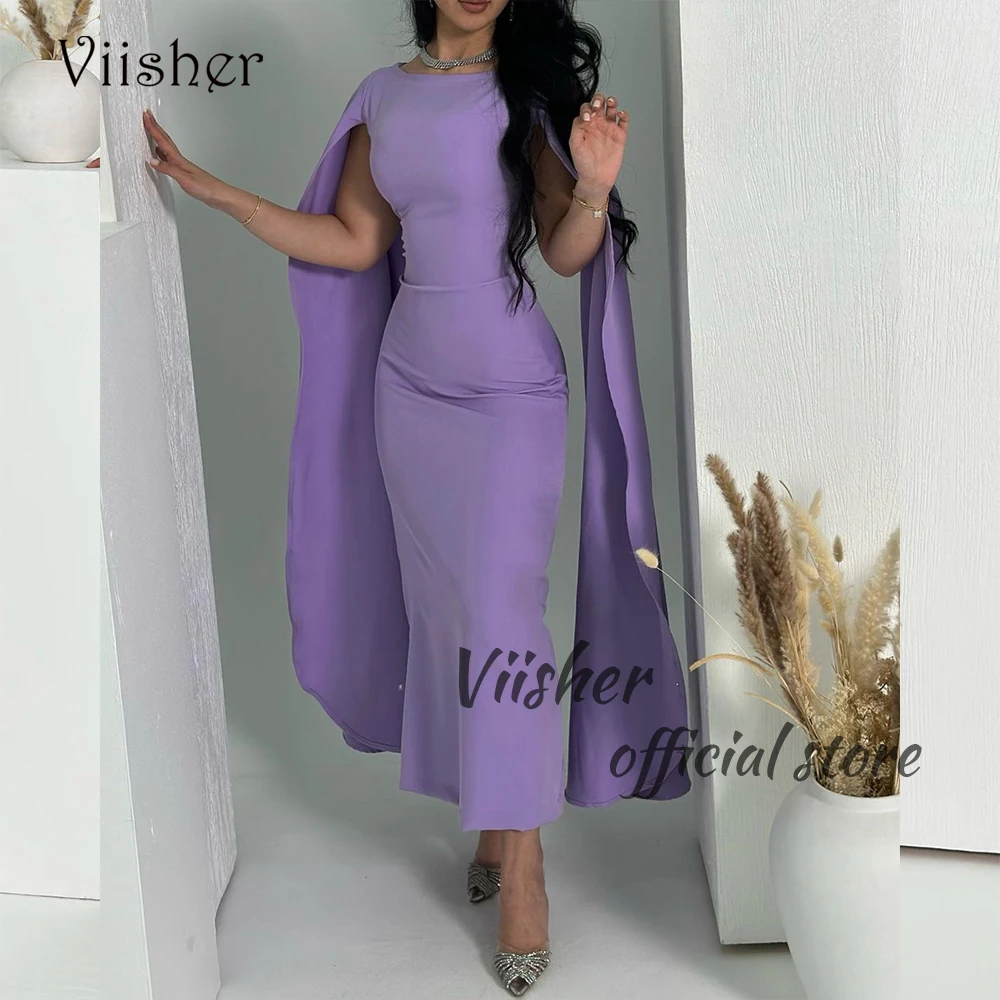 

Viisher Lavender Satin Mermaid Evening Dresses with Cape O Neck Arabian Dubai Prom Dress Ankle Length Formal Occasion Gown