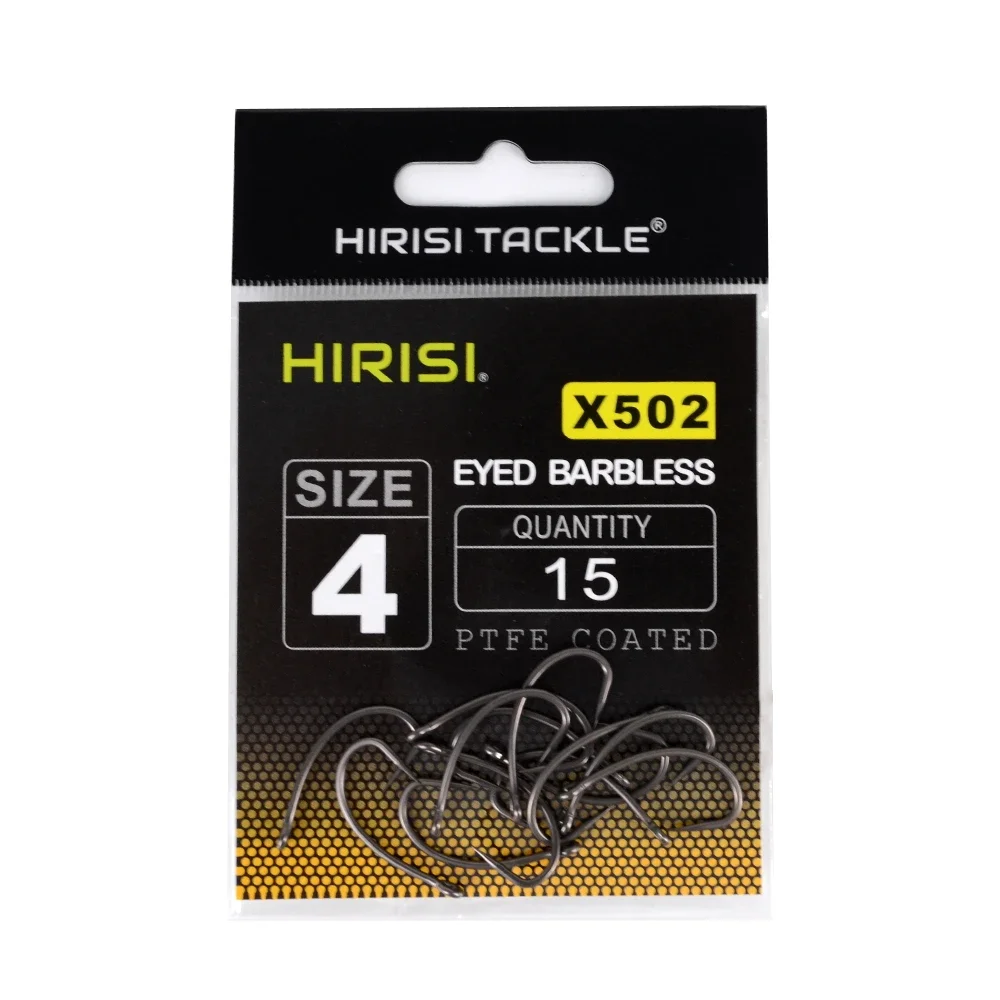 Hirisi 15pcs PTFE Coated High Carbon Stainless Steel Barbless Fishing Hooks With Eye Carp Fishing Tackle X502