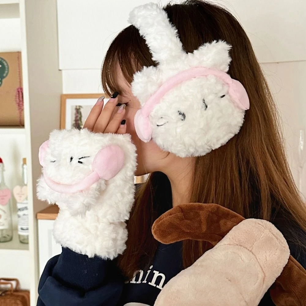 Comfortable Cat Half Finger Gloves Windproof Keep Warm Winter Plush Earmuffs Flip Ear Warmers Cartoon Mittens Girls