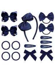 15pcs/set Navy Blue/Red Uniform Hair Bows Hair Clips Headband Hair Ties Set Hair Accessories