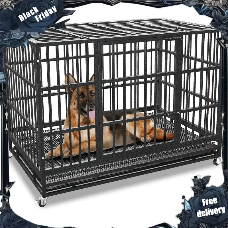 

Heavy Duty Dog Crate Cage with Wheels, Indestructible and Escape Proof Steel Kennel Indoor for High Anxiety Dogs