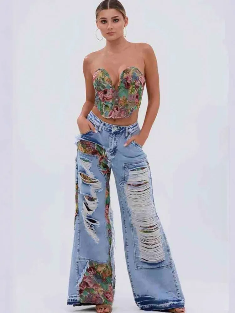 Vrouwen hoge taille wijde pijpen broek gat rechte broek lange jeans casual trendy broek 2025, herfst winter nieuwe denim broek