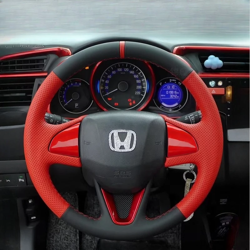 

Для Honda Fit City Gania GREIZ 2014-2020 сшитый вручную нескользящий черный красный чехол на руль автомобиля из натуральной кожи