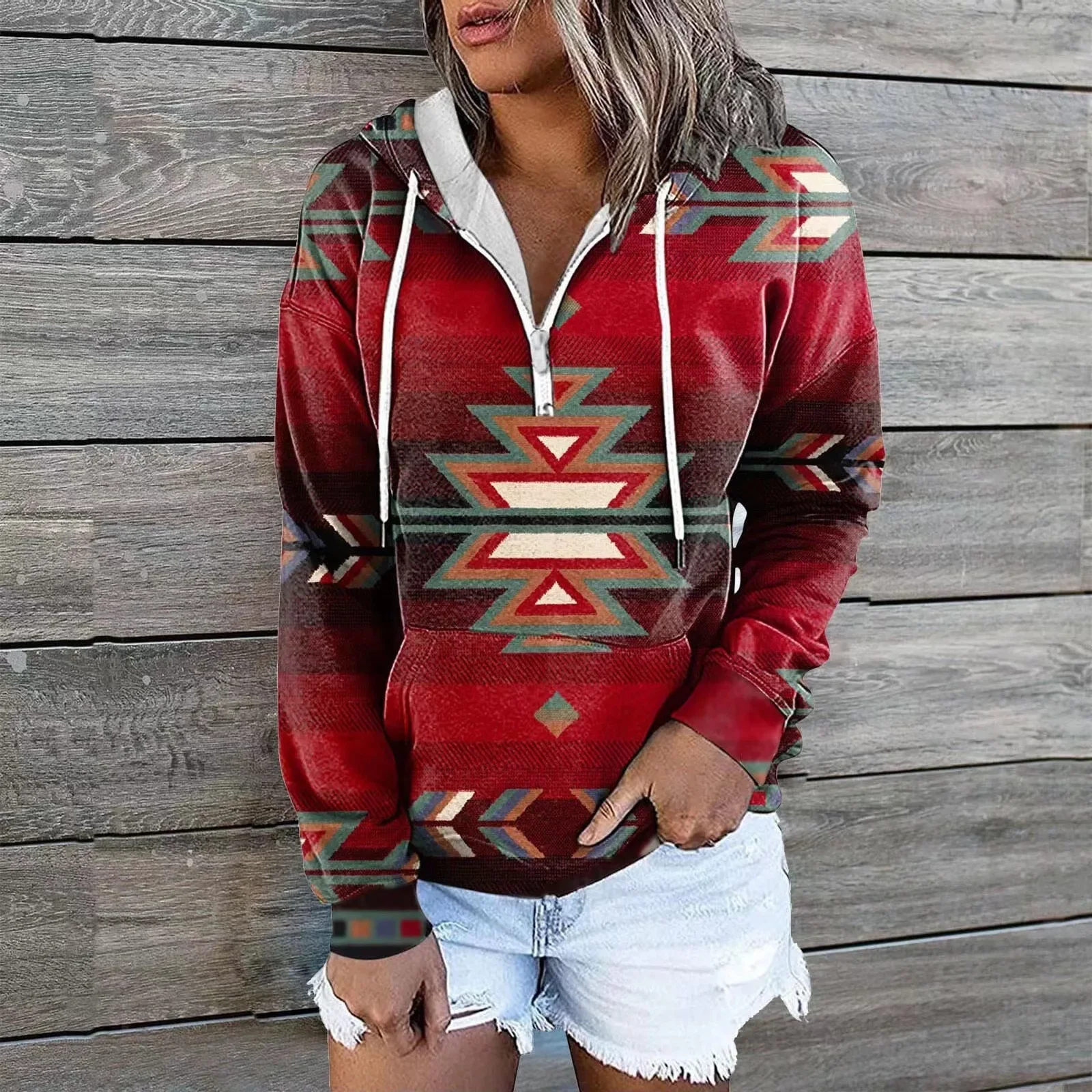 Winter Vintage Geometry Print Pocket Hoodie Women Pullover Sweatshirt Loose Long Sleeves Casual Bohemian Autumn Ladies Zipper