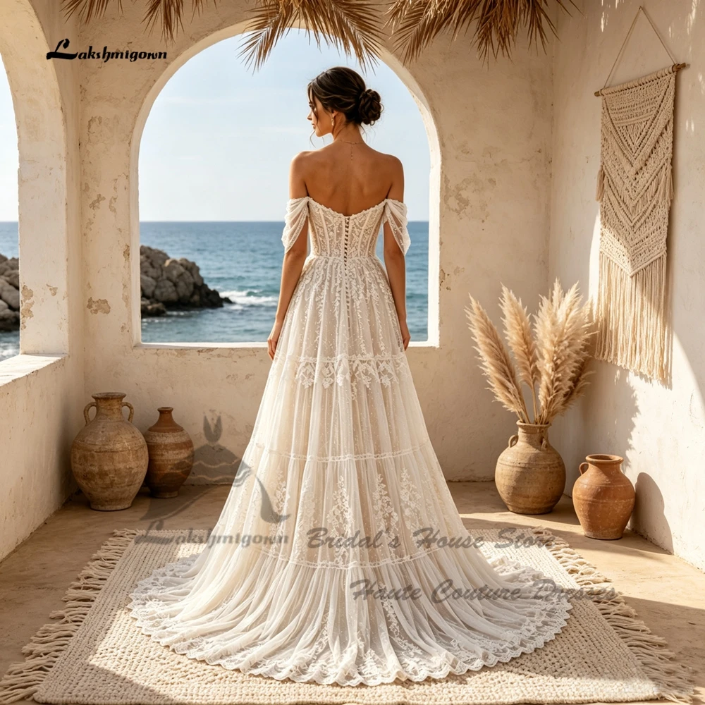 Lakshmigown Zivil Brautkleider aus Spitze im Boho-Stil 2027 Prinzessinnen-Brautkleider aus Tüll für Strandhochzeiten, herzförmiger Ausschnitt, schulterfrei, maßgeschneidert – Detail 4