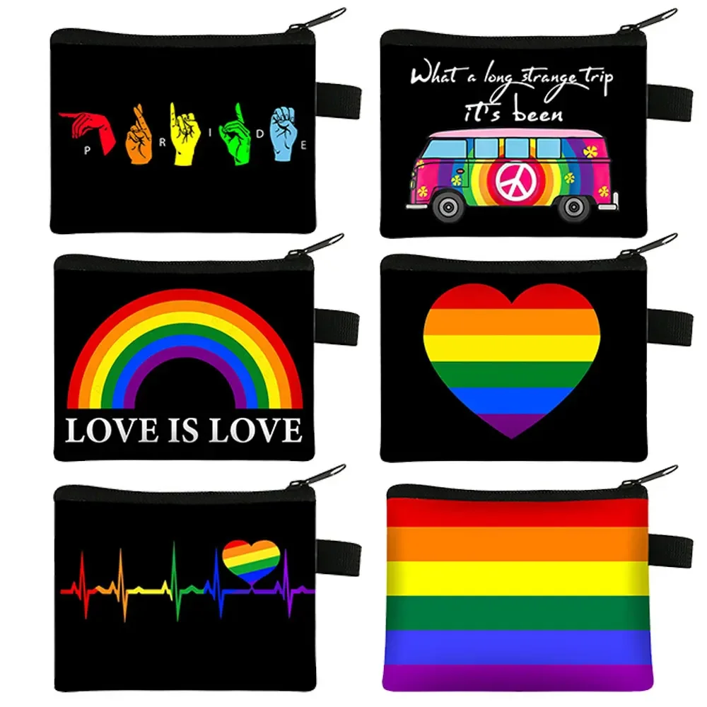 LGBT Rainbow Heart Coin Purse Lesbian Gay Pride Wallet Homosexual Earphones Card Key Holder Peace and Love Coin Bag Zipper Pouch