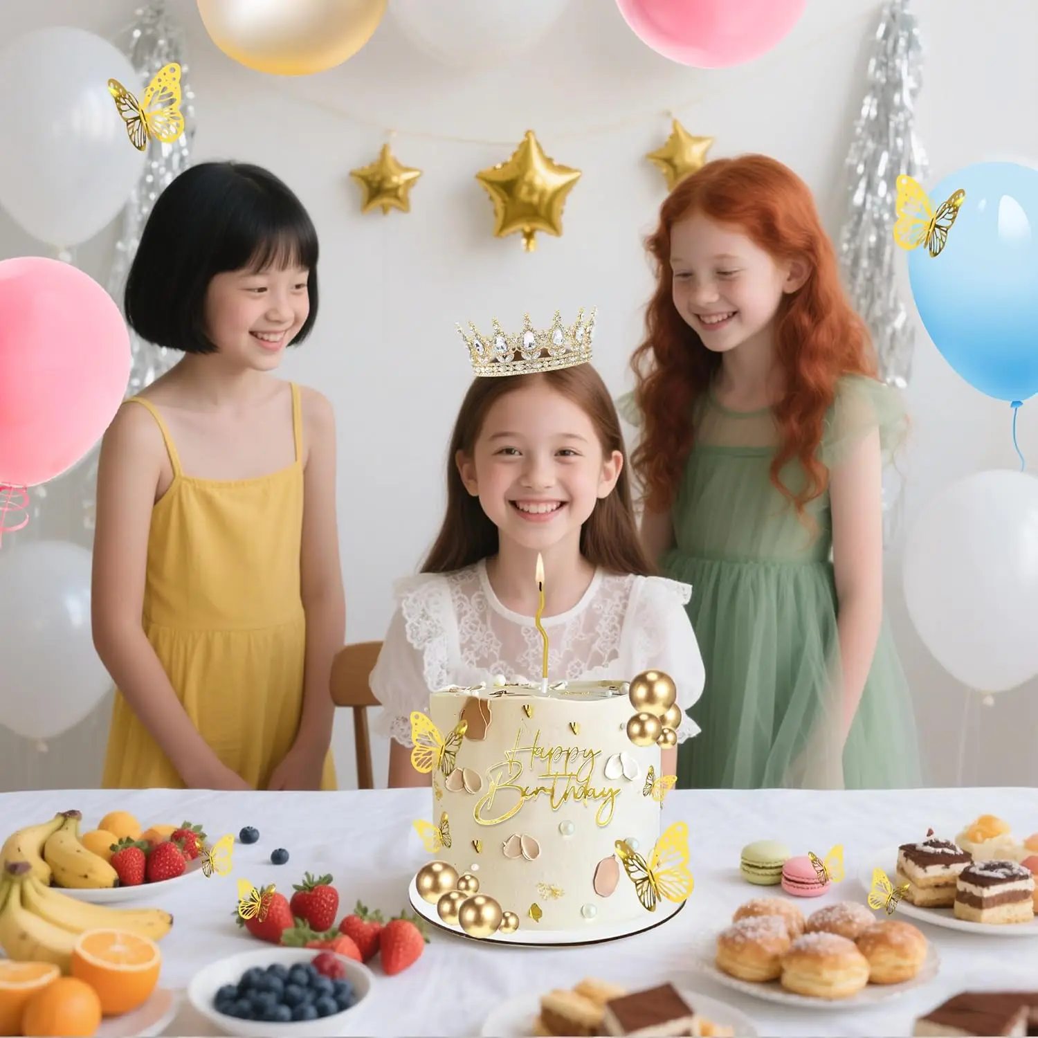 Kronen-Kuchenaufsatz, Kugeln, alles Gute zum Geburtstag, Kuchenaufsätze mit Kerzen, goldene Schmetterlinge, Kuchendekorationen für Hochzeit, Babyparty, Party – Detail 11