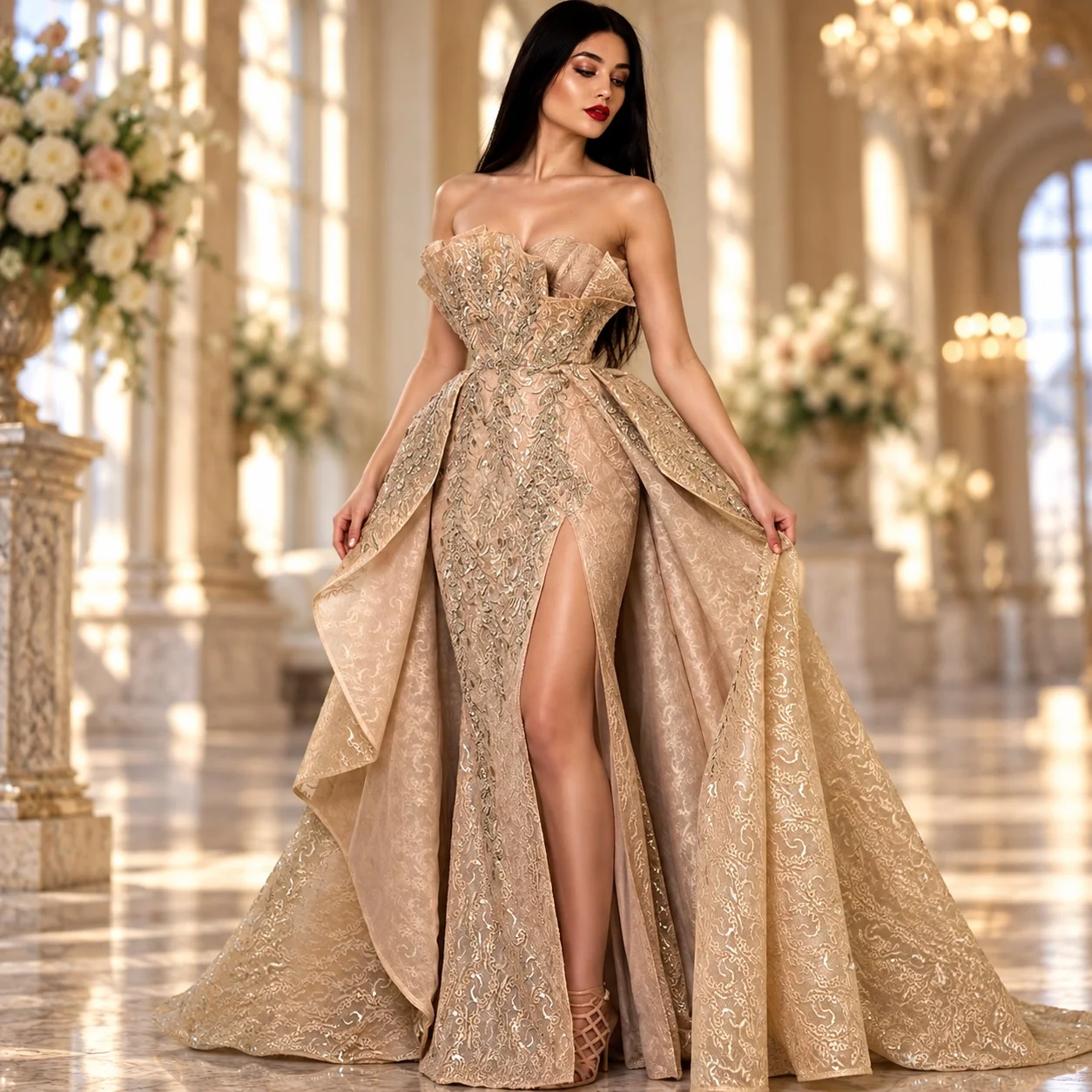 Single Loose Fit Gown Elegant with Rhinestone Embellishment Mid Waist Full Skirt Refined Commuter Dress Summer for Women