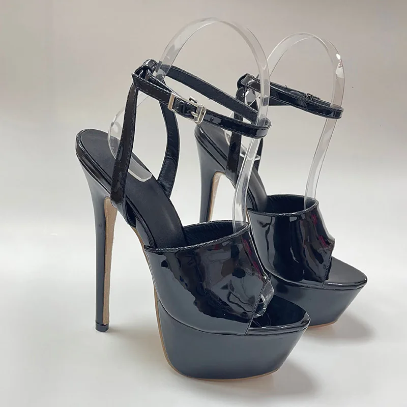 Sexy Black Platform Open Toe Super Thin High Heels Sandals for Women Patent Leather Buckle Strap Stripper Party Shoe Stiletto