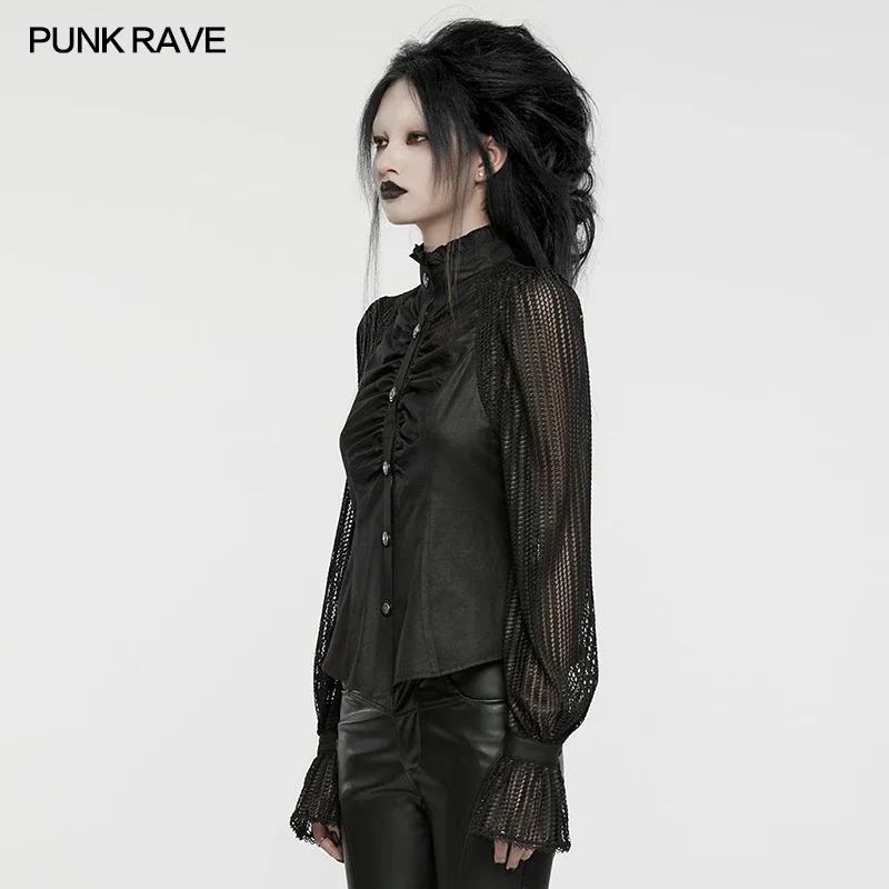 PUNK RAVE Women\'s Gothic Lantern Sleeves Exquisite Pattern Pleated Visual Shirt Messy  Beauty Sexy Tops Women Clothing