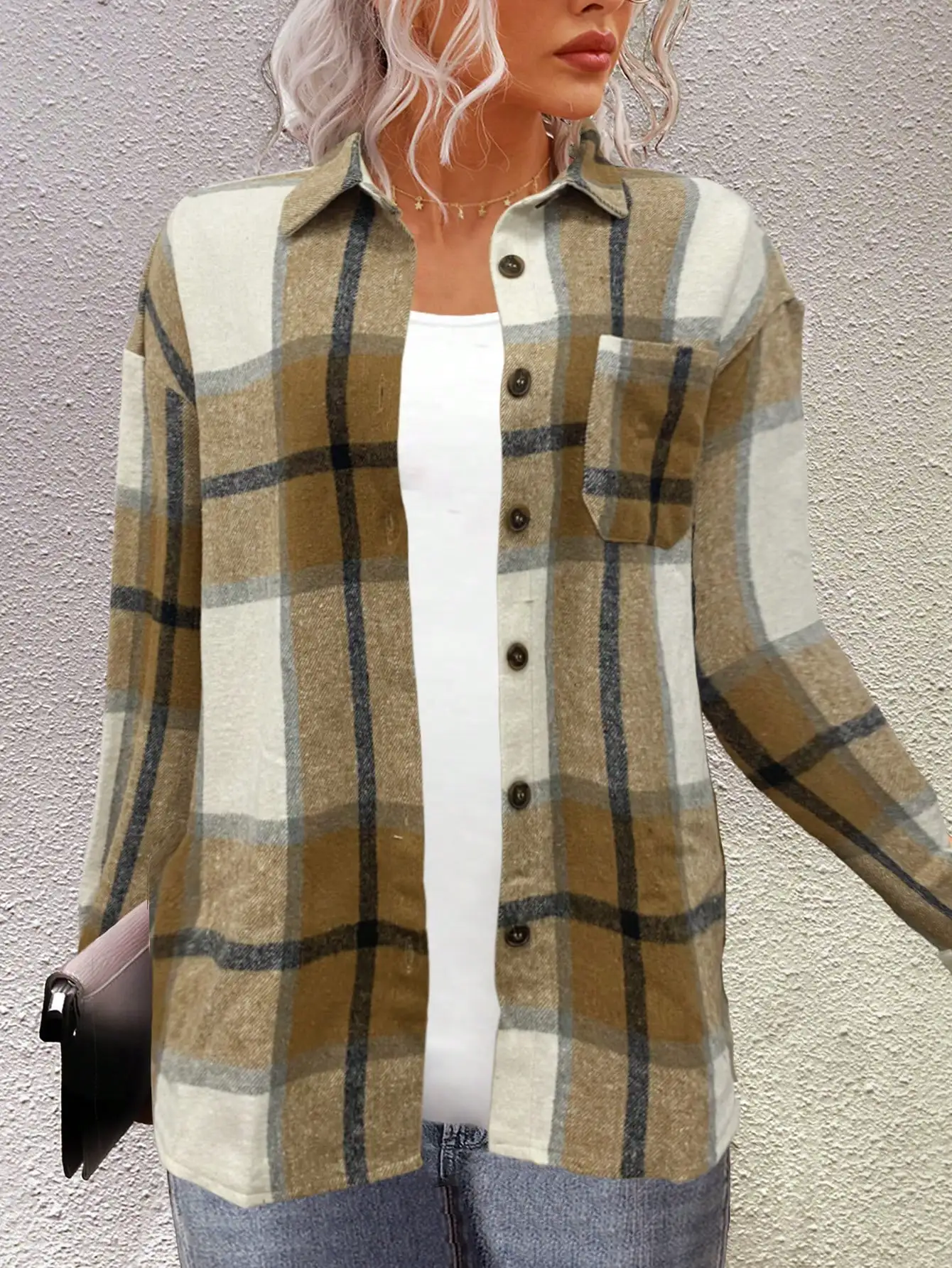 Camisa feminina retrô xadrez patchwork jaqueta com design de bloqueio de cor manga comprida nicho top