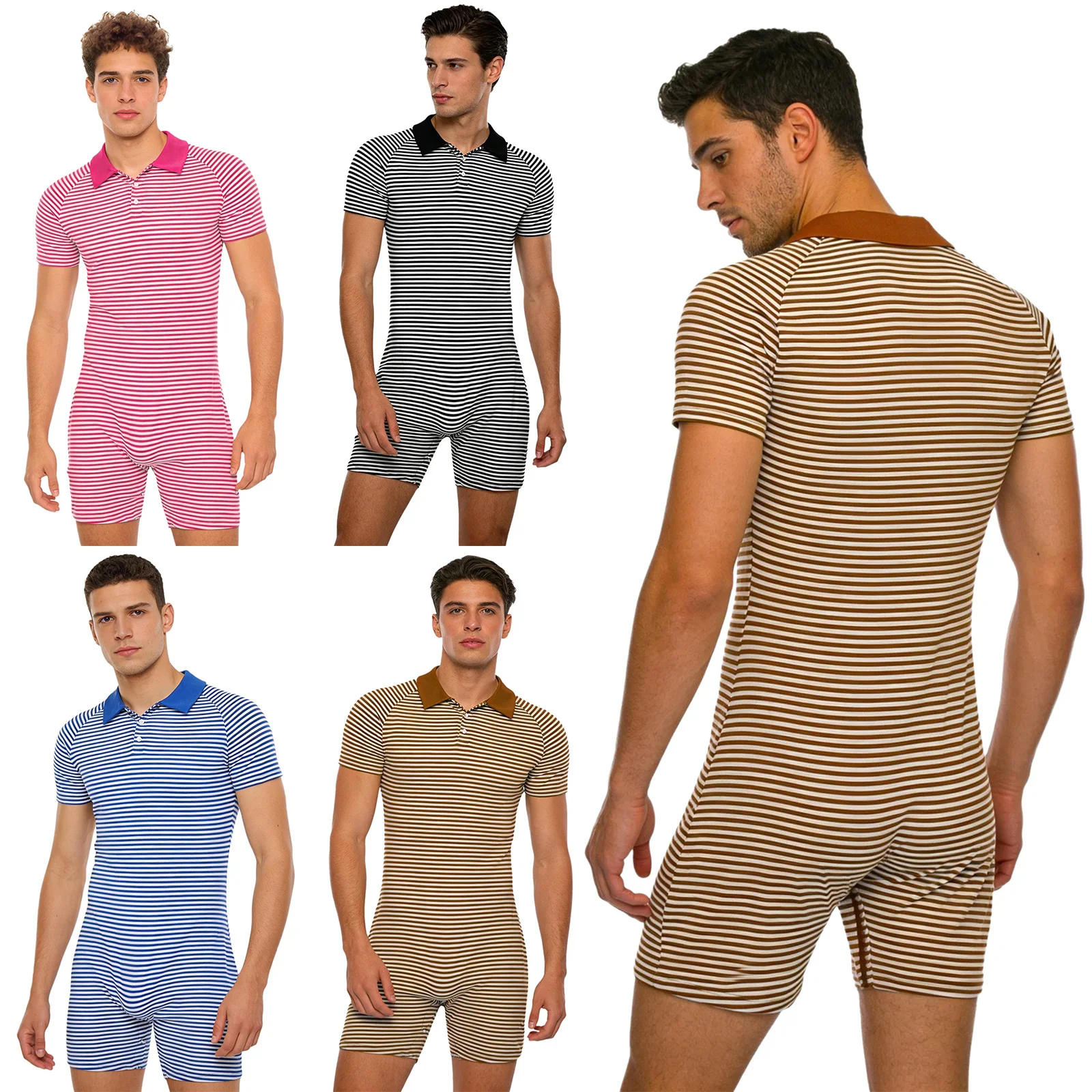 Men Striped Short Sleeve Bodysuit Pajamas Turn-down Collar Buttoned Crotch Cozy Jumpsuits Homewear Loungewear for Leisure Time image 6