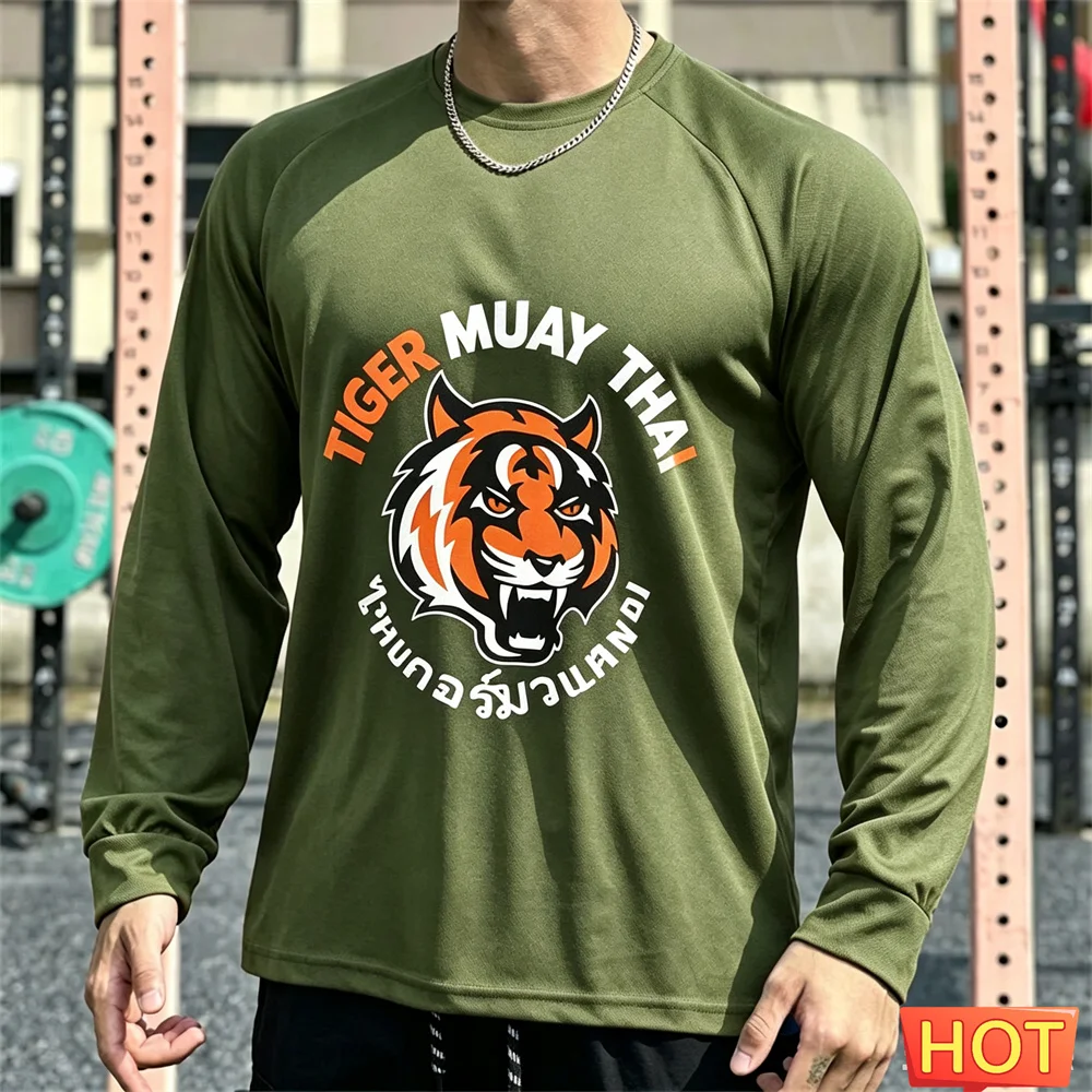 Camiseta de manga larga para hombre de Muay Thai, camiseta de algodón para hombre de otoño, camiseta elástica para Fitness, camiseta gráfica de entrenamiento, camiseta para correr