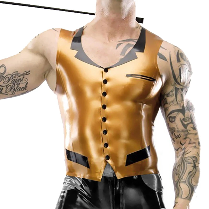 Golden And Black Sexy Latex Vest With Belt At Back Buttons Front Trims Rubber Shirts Crop Top Blouse Clothing YF-0443